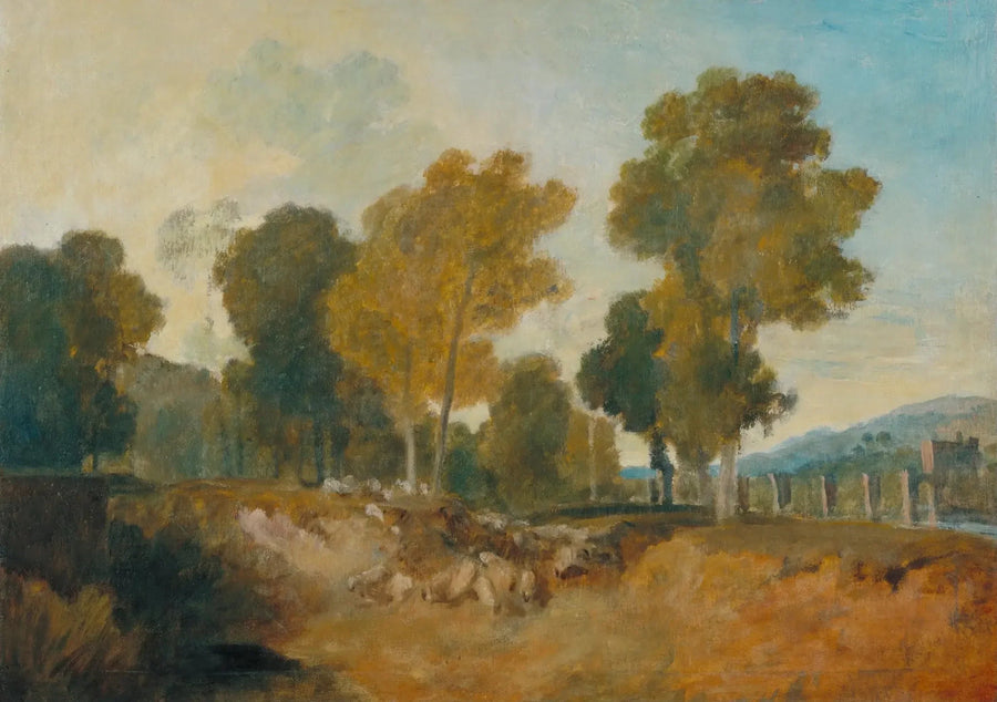 Alberi accanto al fiume, con ponte in lontananza - J. M. W. Turner
