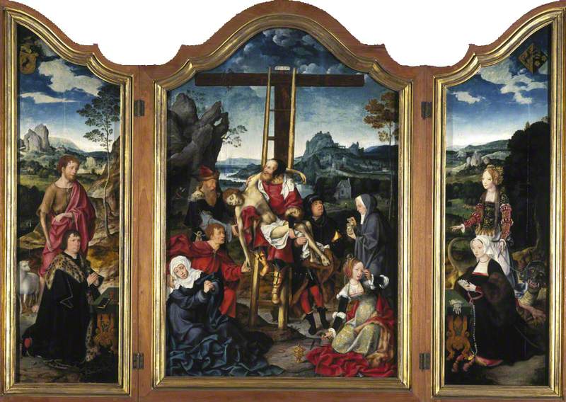 Triptyque. Au centre : la Déposition de Croix ; à gauche : san Giovanni Battista con un donatore ; à destra : santa Margerita d'Antiochia con una donatrice. - Joos van Cleve
