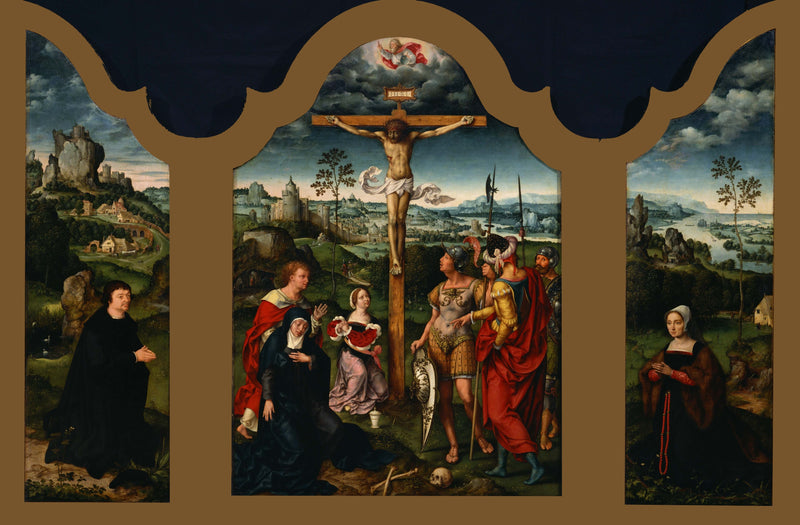 Triptyque : La Crucifixion flanquée du donatore inginocchiato e della sua moglie - Joos van Cleve