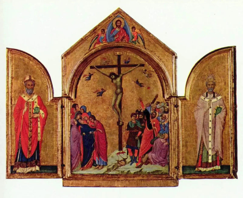 Triptyque : la Crocifissione ; il Redentore con gli angeli ; san Nicola ; san Gregorio - Duccio di Buoninsegna