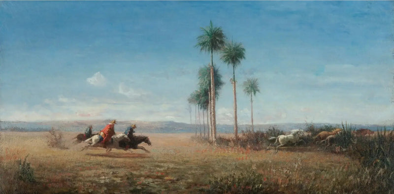 Tre cavalieri e cavalli che galoppano in una pianura (Venezuela) - Camille Pissarro