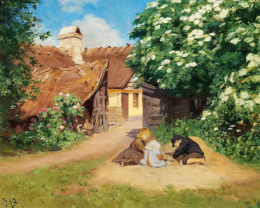Tre bambini che giocano vicino a una fattoria in una giornata estiva. - H. A. Brendekilde