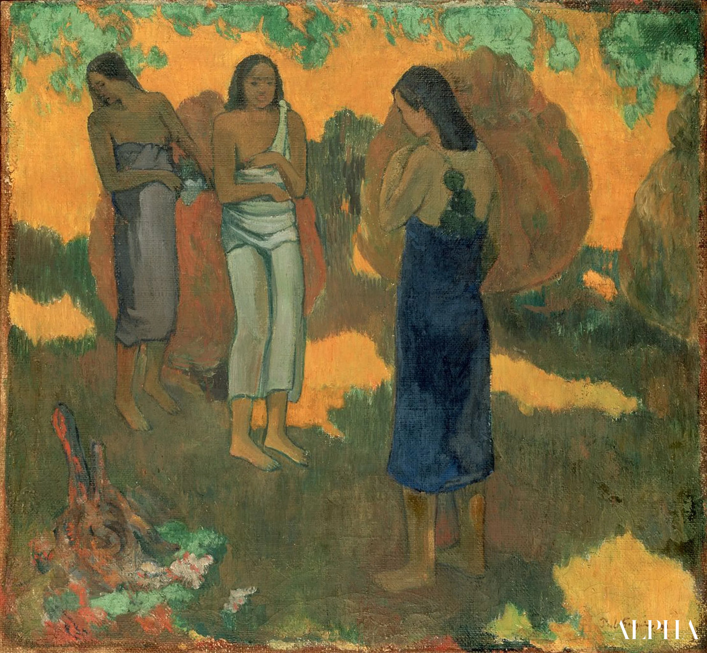 Tre donne tahitiane su uno sfondo giallo - Paul Gauguin - Riproduzioni di quadri e dipinti di alta qualità