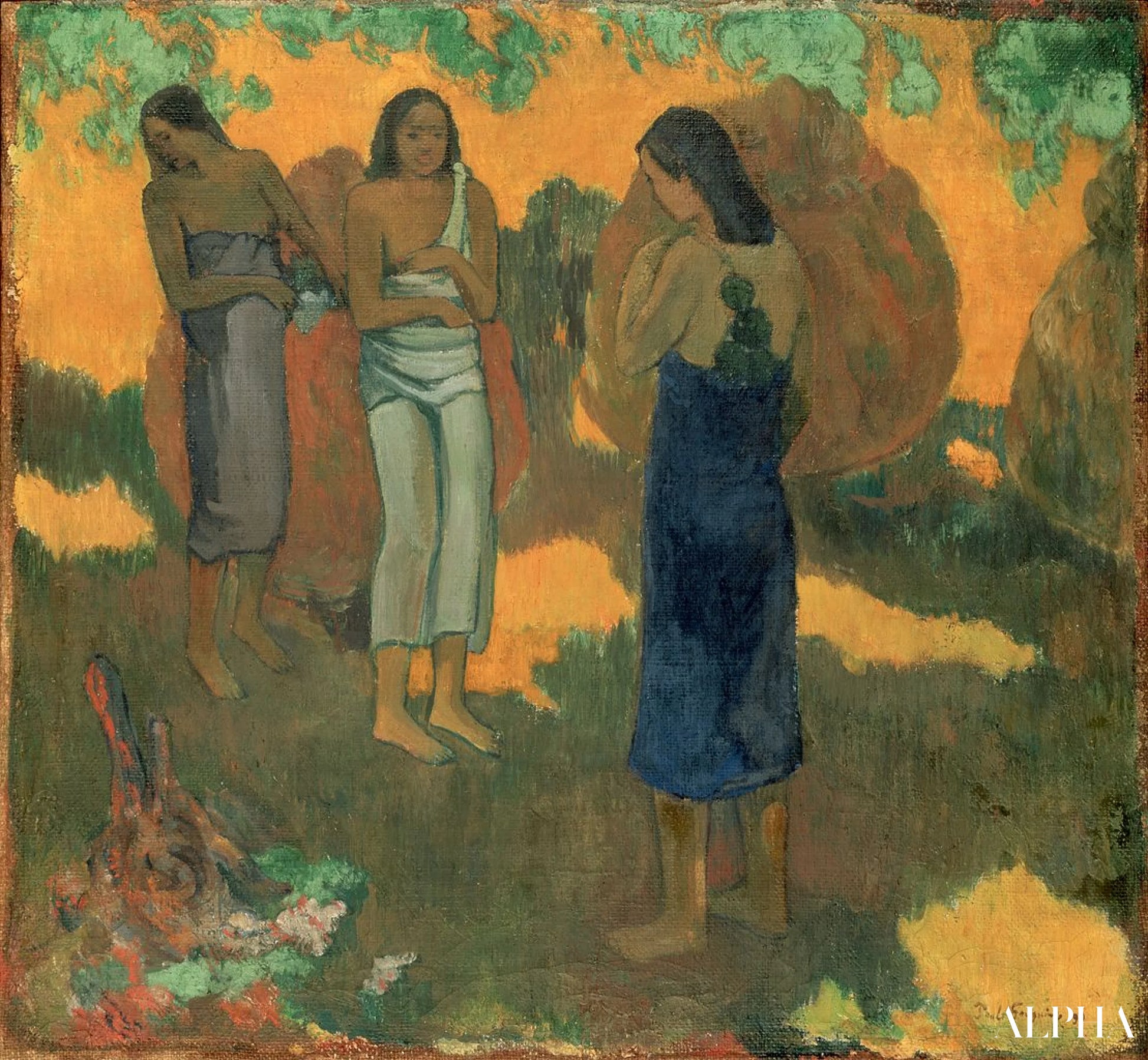 Tre donne tahitiane su uno sfondo giallo - Paul Gauguin - Riproduzioni di quadri e dipinti di alta qualità