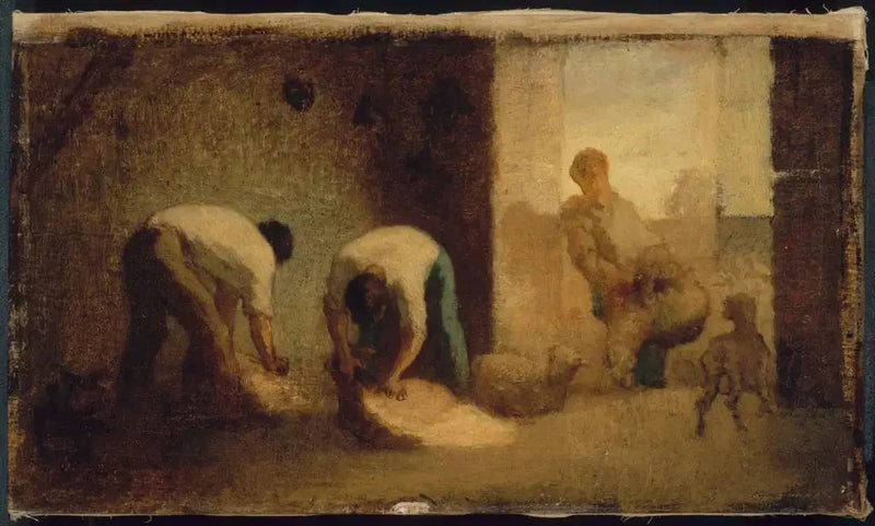 Tre uomini tosano le pecore in un granaio - Jean-François Millet