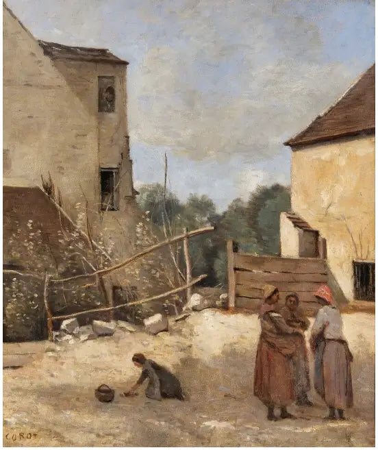 Trois paysannes causant dans une cour rustique - Jean-Baptiste Camille Corot image 1 tableau peint à l’huile sur toile