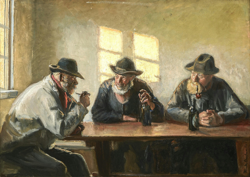 Tre pescatori nel negozio di Bründum. (1916). - Michael Peter Ancher