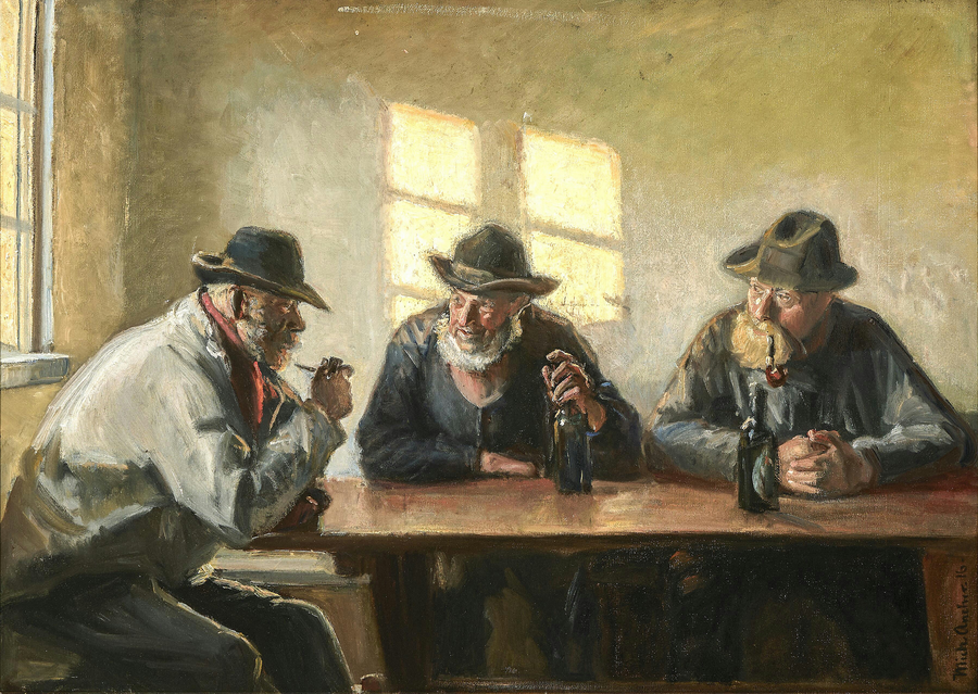 Tre pescatori nel negozio di Bründum. (1916). - Michael Peter Ancher