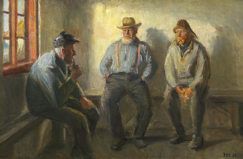 Tre pescatori nel negozio di Bründum. - Michael Peter Ancher