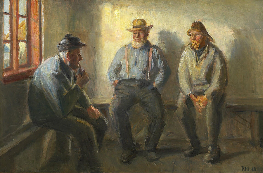 Tre pescatori nel negozio di Bründum. - Michael Peter Ancher
