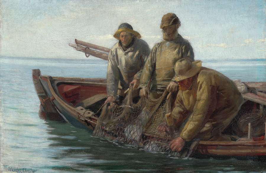 Tre pescatori di Skagen tirano su le loro reti. - Michael Peter Ancher