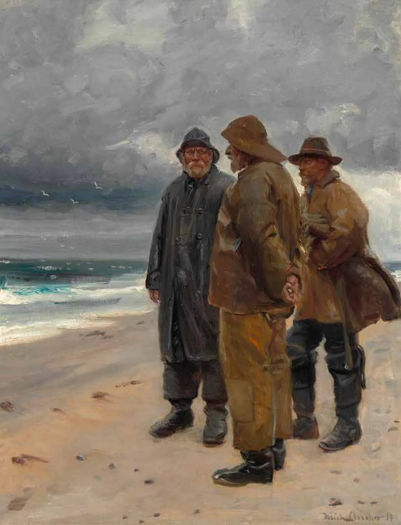 Tre pescatori sulla spiaggia di Skagen in una giornata nuvolosa. -Michael Peter Ancher