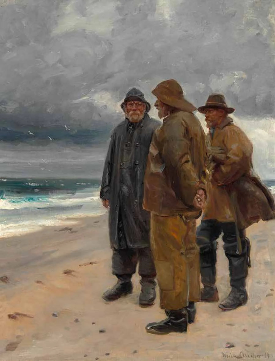 Tre pescatori sulla spiaggia di Skagen in una giornata nuvolosa. -Michael Peter Ancher