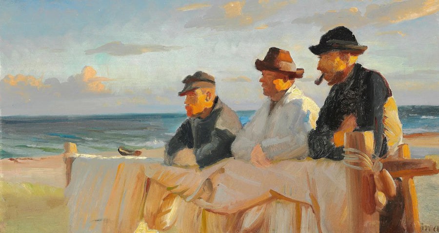 Tre pescatori sulla spiaggia di Skagen, sotto il sole al tramonto. - Michael Peter Ancher