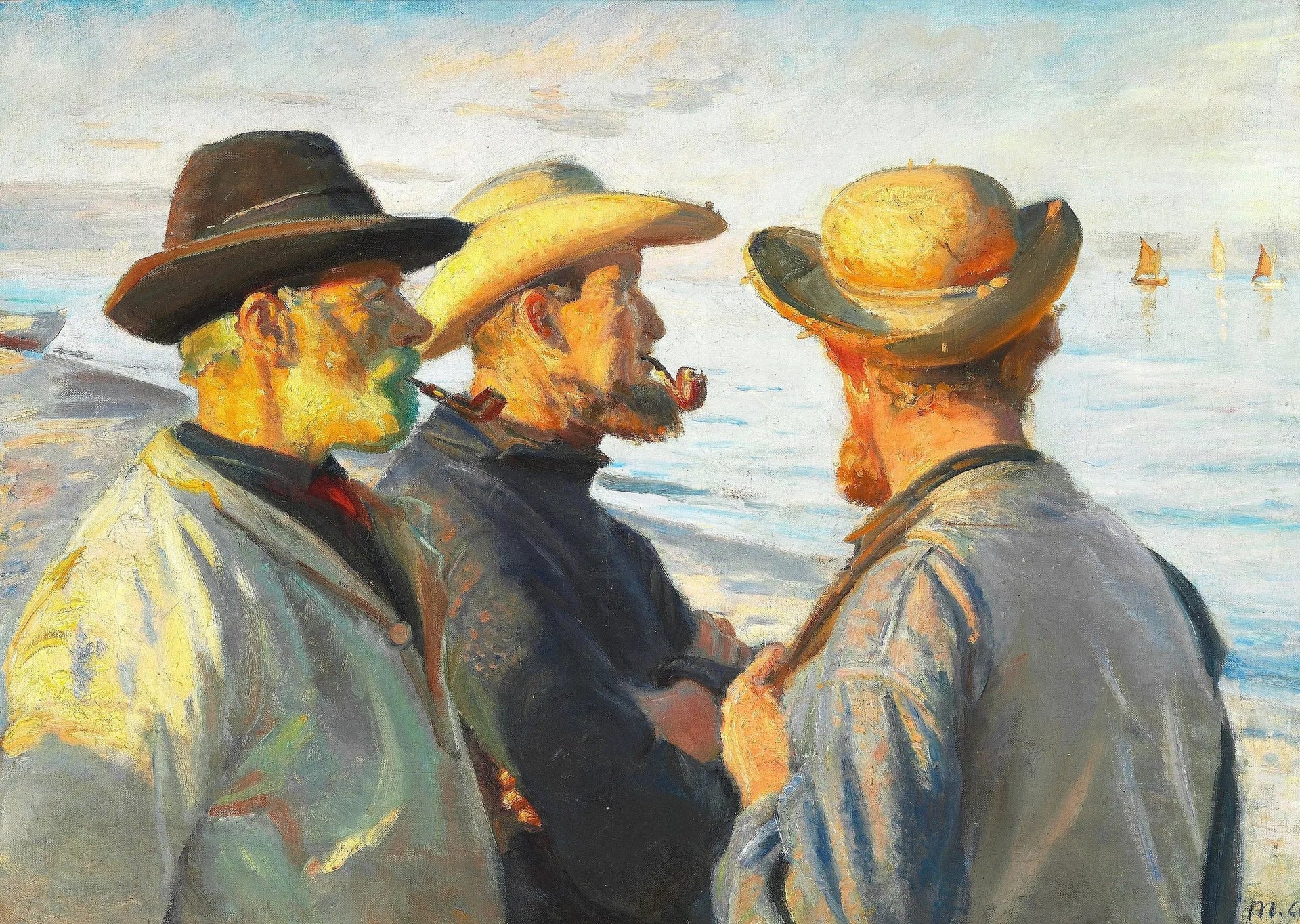 Trois pêcheurs sur la plage de Skagen, sous le soleil couchant. - Michael Peter Ancher image 1 copie peinte à la main à l’huile
