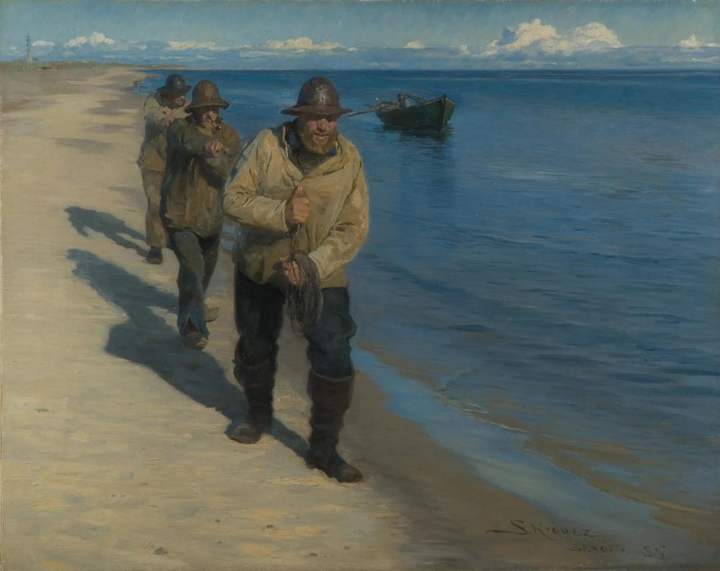 Tre pescatori che tirano una barca. - Peder Severin Krøyer