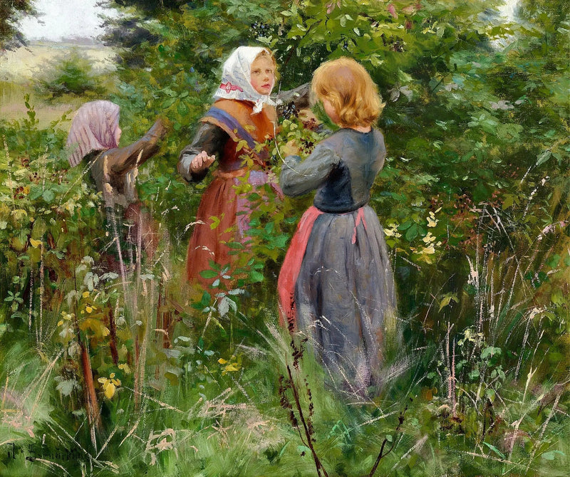 Tre piccole ragazze che raccolgono more - H. A. Brendekilde