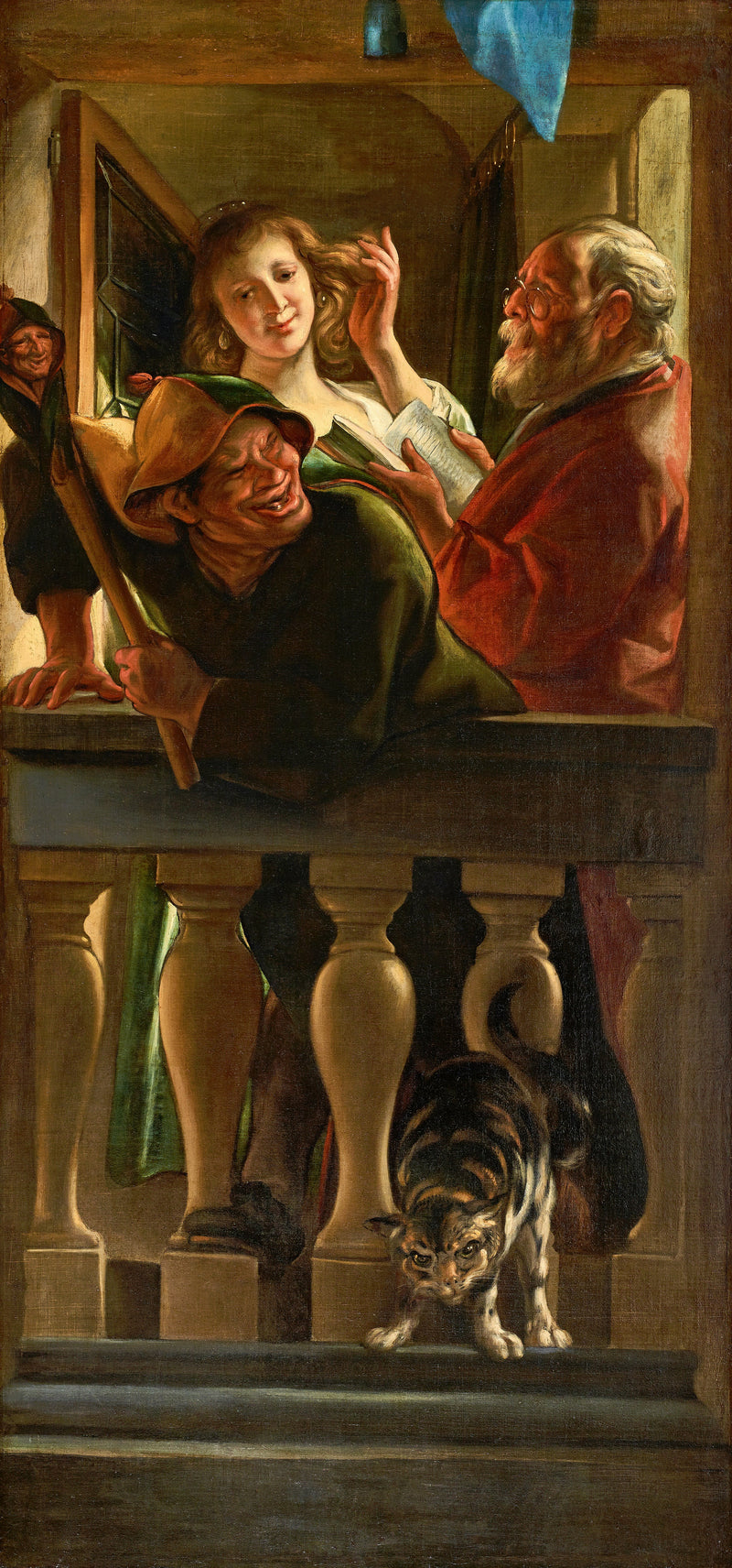Trompe-l'œil représentant une porte avec un bouffon se moquant d'une personne depuis un balcon, une jeune femme se pavanant tandis qu'un vieil homme lit et qu'un chat feule en dessous. - Jacob Jordaens