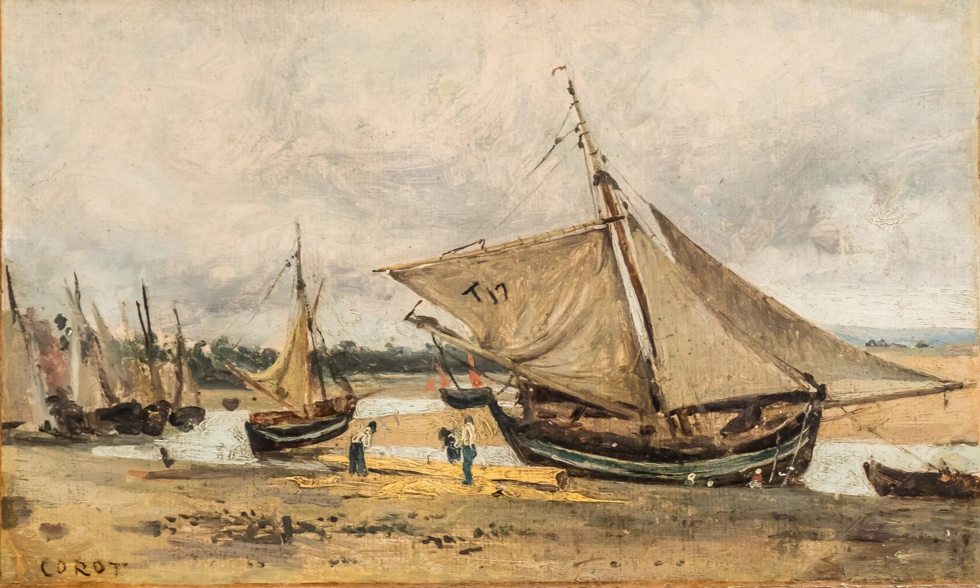 Trouville, bateaux de pêche échoués dans le chenal - Jean-Baptiste Camille Corot image 1 reproduction d’œuvre d’art à l’huile