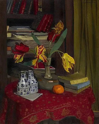Tulipes perroquet, fond biblioteca - Félix Vallotton