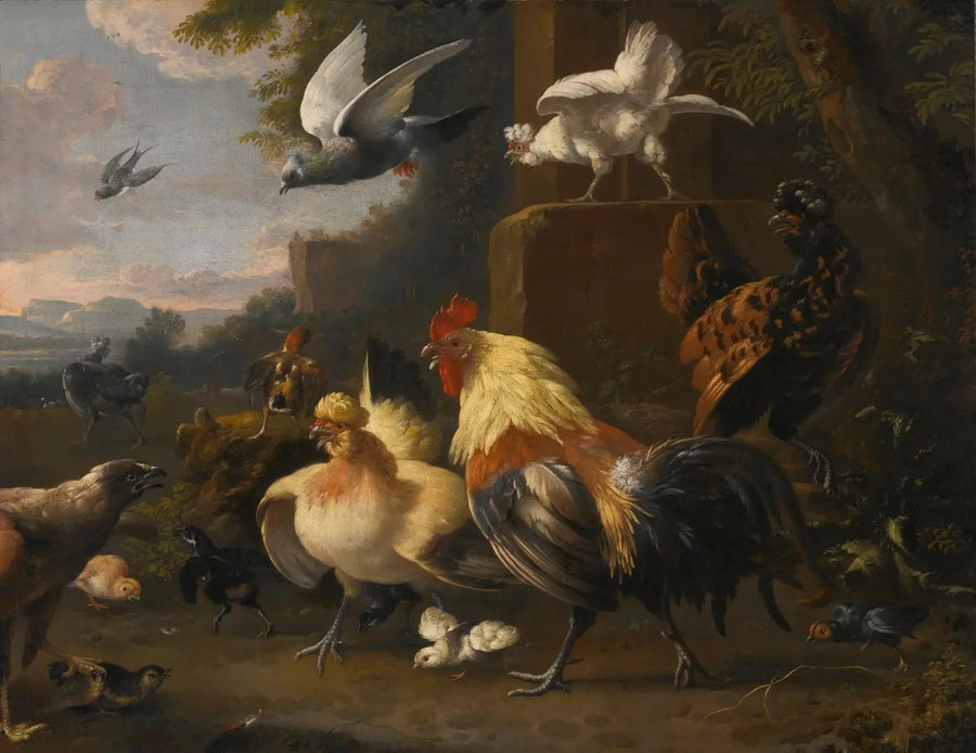 Un'aquila di fronte a un giovane gallo, delle galline, dei piccioni in volo e altri uccelli - Melchior de Hondecoeter