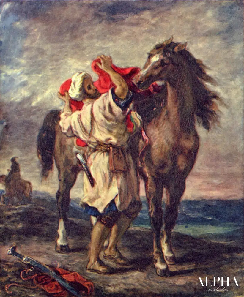 Un arabe selle son cheval - Eugène Delacroix - Reproductions de tableaux et peintures haut de gamme