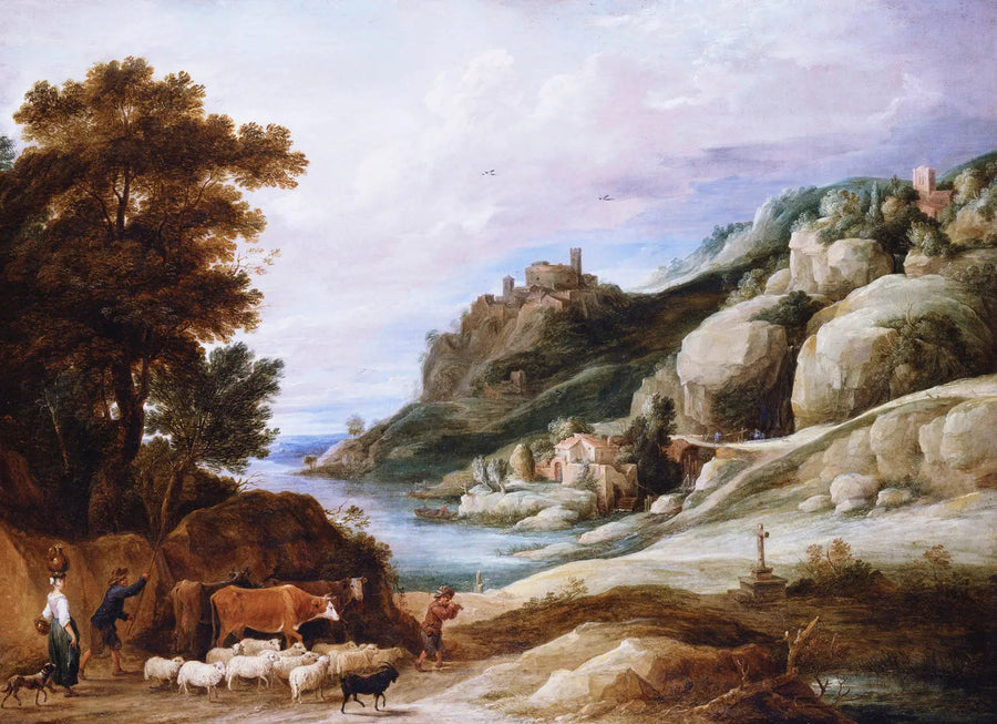 Un pastore con il suo gregge in un paesaggio montano - David Teniers il Giovane