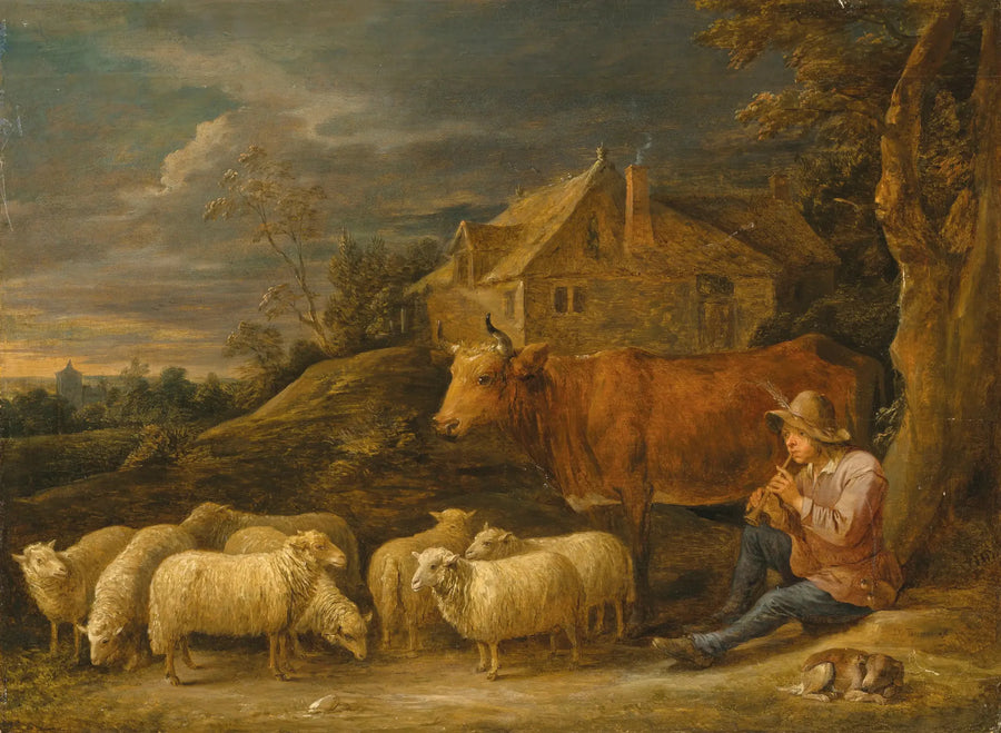 Un pastore che suona la flauto al suo gregge - David Teniers il Giovane