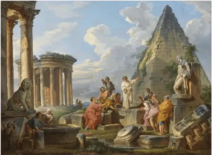 Un Capriccio con San Paolo che predica ai Romani, con il tempio di Vesta e la piramide di Caius Cestius - Giovanni Paolo Panini