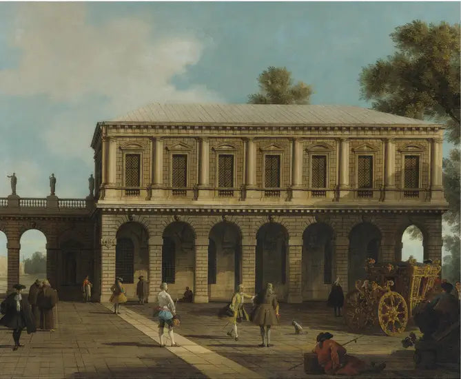 Un Capriccio delle prigioni di San Marco situato su una piazza con una carrozza e abitanti della città - Canaletto