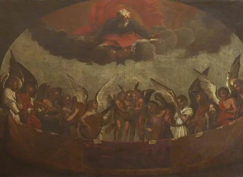 Un coro di angeli che cantano e suonano strumenti musicali con Dio Padre sopra - Guido Reni
