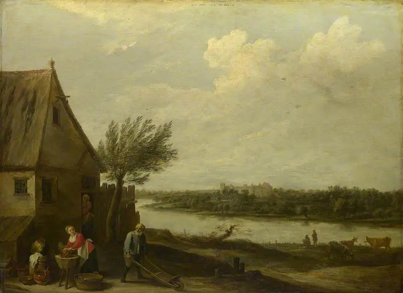 Un chalet au bord d'une rivière con una vista lontana su un castello - David Teniers le Jeune