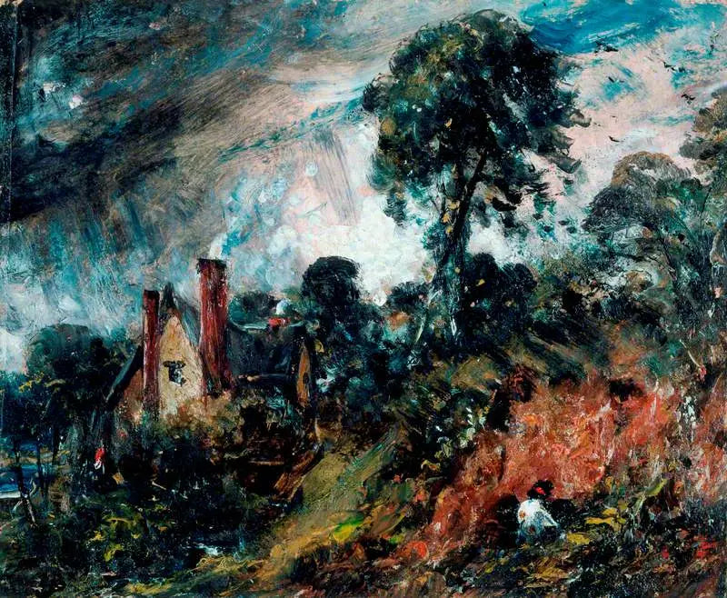 Un chalet parmi les arbres avec un banc de sable - John Constable - Alpha Reproduction
