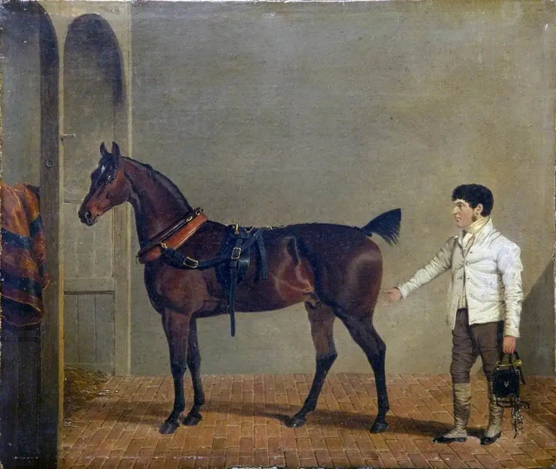 Un cavallo di carro trainato da cavalli, con un maniscalco, in una scuderia - John Frederick Herring, Sr.