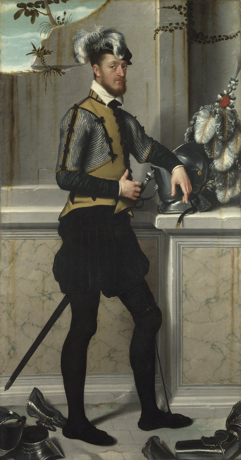 Un cavaliere con il suo casco da torneo (il conte Faustino Avogardo (?)) - Giovanni Battista Moroni