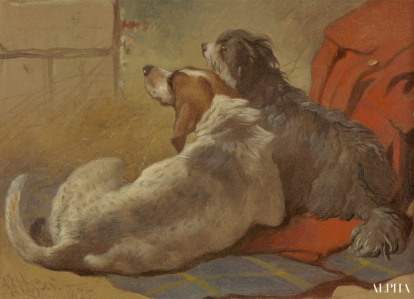Un segugio e un collie barbone seduti su un mantello da caccia - John Frederick Herring Snr - Riproduzioni di quadri e dipinti di alta qualità