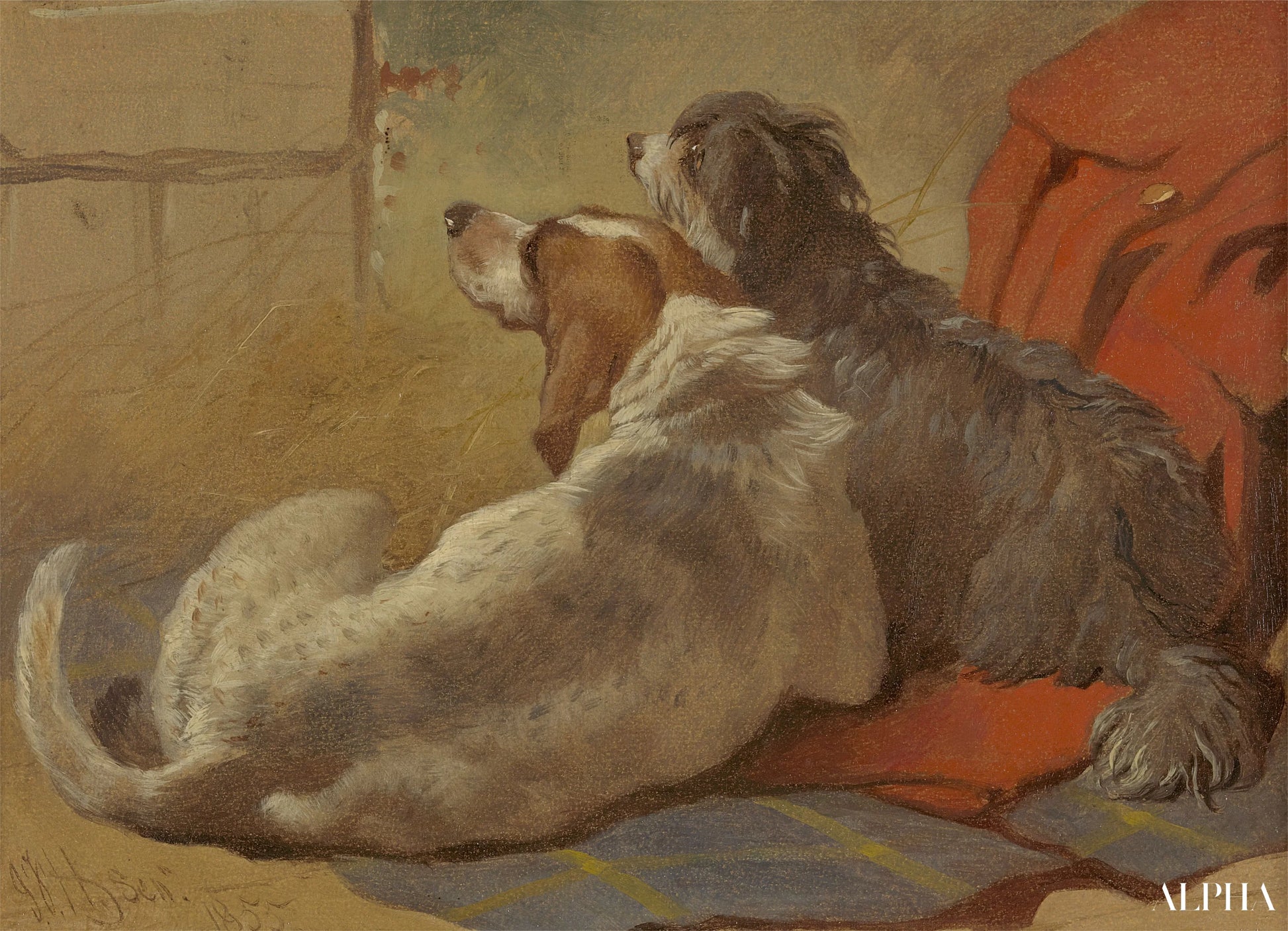 Un segugio e un collie barbone seduti su un mantello da caccia - John Frederick Herring Snr - Riproduzioni di quadri e dipinti di alta qualità