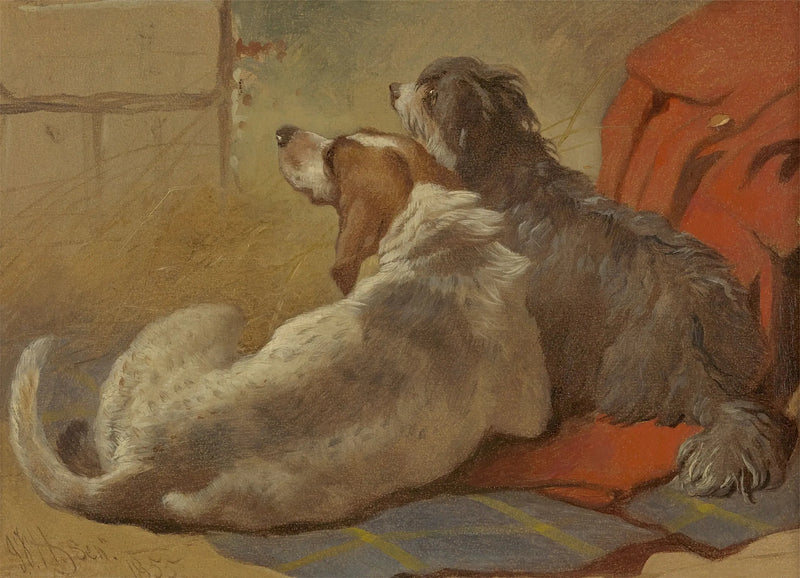 Un cane da caccia e un collie barbuto seduti su un mantello da caccia - John Frederick Herring, Sr.