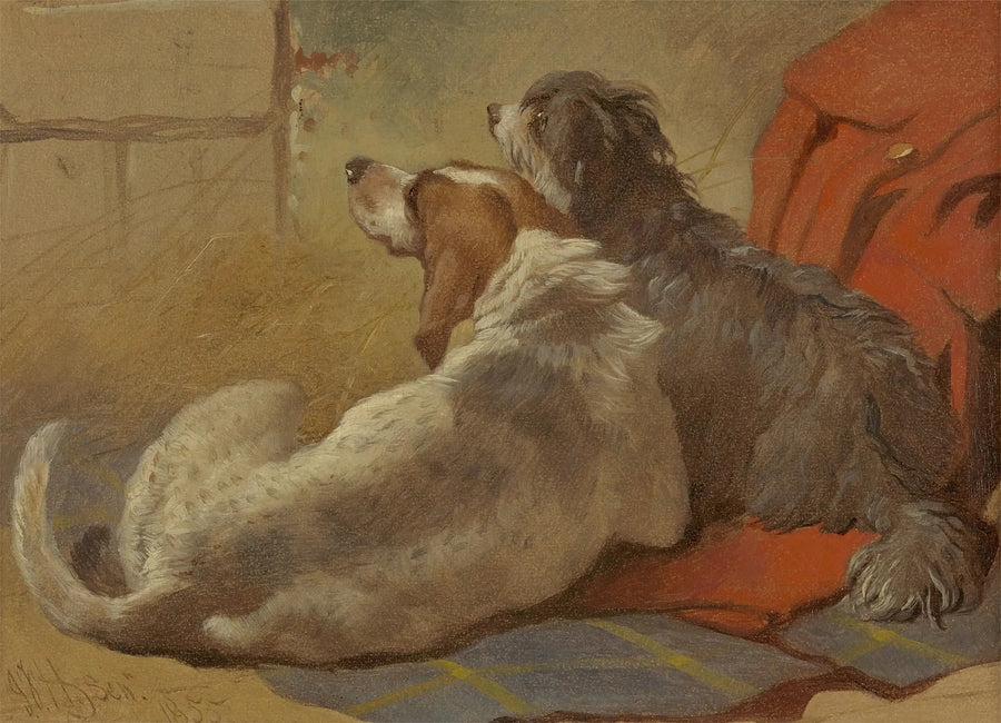 Un cane da caccia e un collie barbuto seduti su un mantello da caccia - John Frederick Herring, Sr.