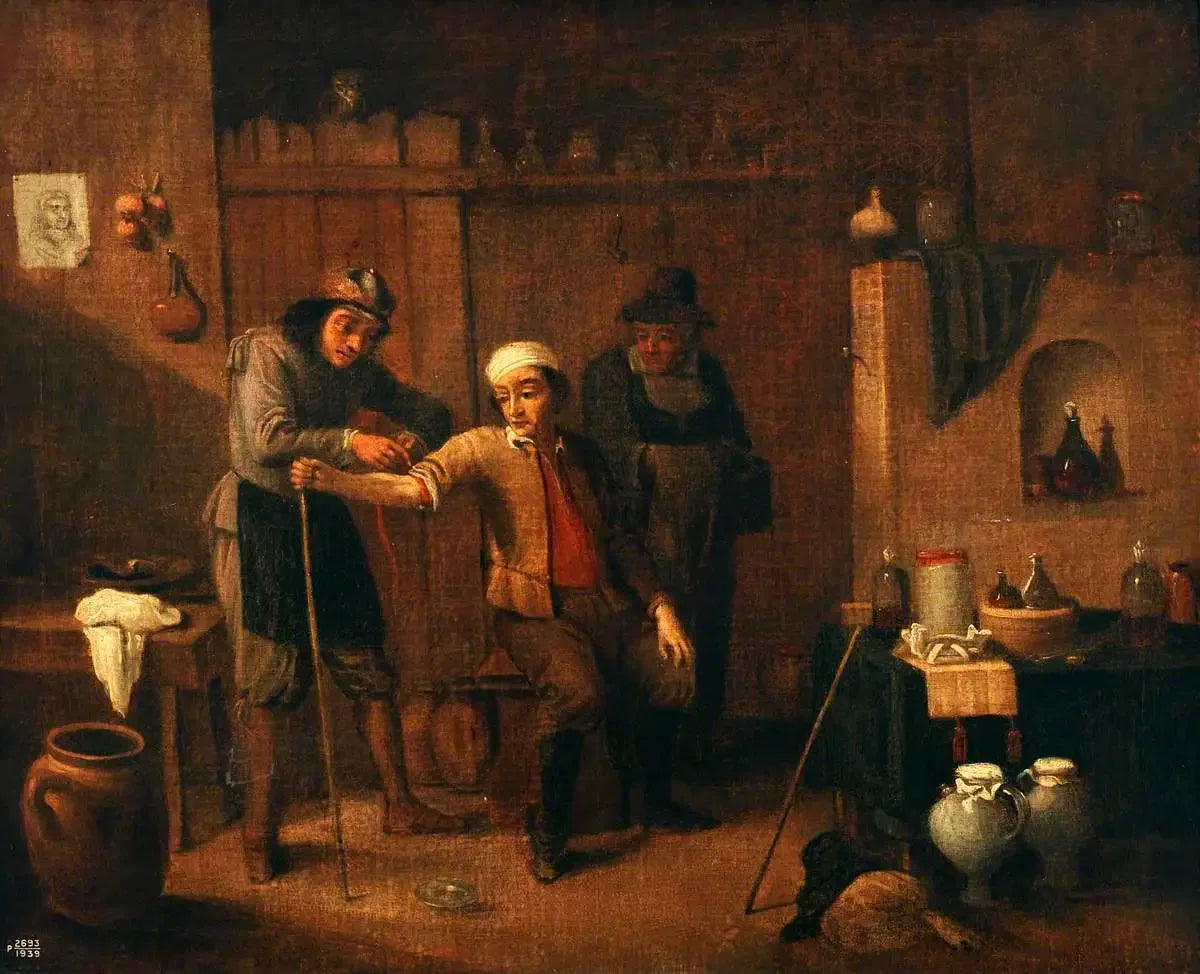 Un chirurgien nouant un garrot autour du bras d'un homme - David Teniers le Jeune image 1 copie peinte à la main à l’huile
