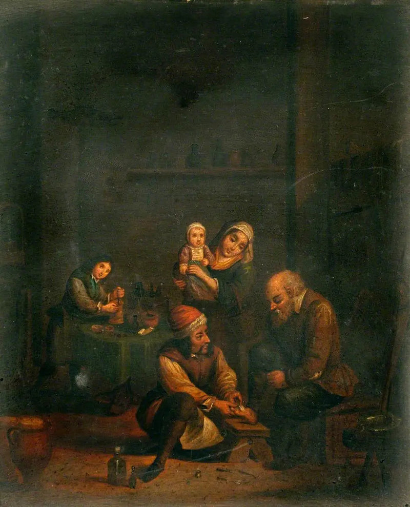 Un chirurgo che cura il piede di un uomo e altri tre personaggi - David Teniers il Giovane