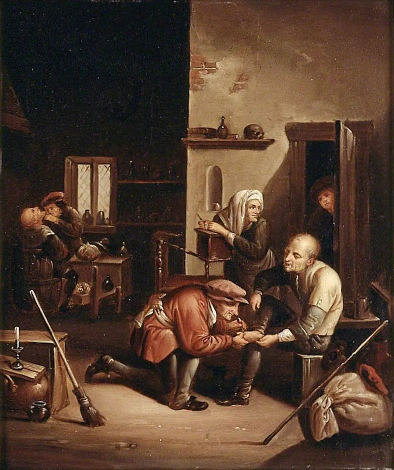 Un chirurgo che cura il piede di un paziente e un barbiere che rade un uomo - David Teniers il Giovane