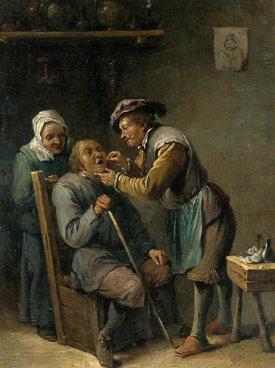 Un chirurgo che cura i denti di un uomo seduto - David Teniers il Giovane