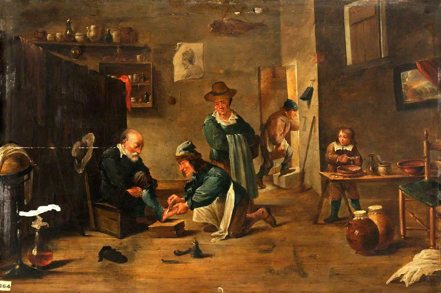 Un chirurgo cura il piede di un uomo con un gesso - David Teniers il Giovane