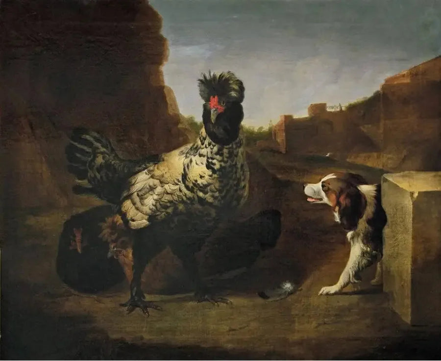 Un gallo con delle galline e un cane - Melchior de Hondecoeter