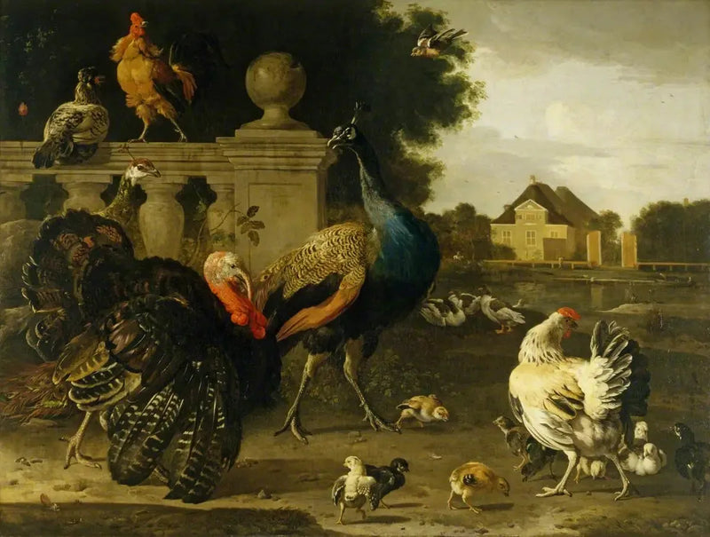 Un coq de dinde e altri uccelli in un giardino - Melchior de Hondecoeter