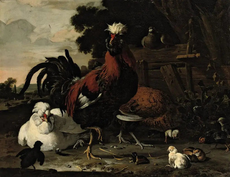 Un gallo, delle galline, dei pulcini e un piccione vicino a una palizzata di legno in un paesaggio - Melchior de Hondecoeter