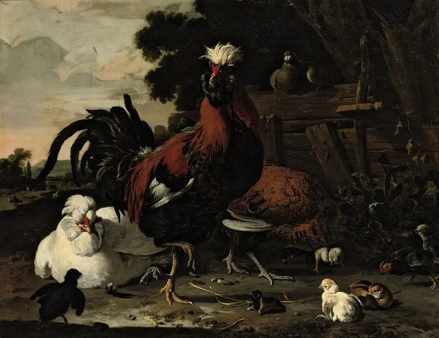 Un gallo, delle galline, dei pulcini e un piccione vicino a una palizzata di legno in un paesaggio - Melchior de Hondecoeter
