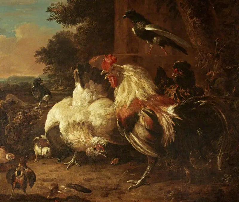 Un gallo e due galline, con dei pulcini, in un paesaggio - Melchior de Hondecoeter