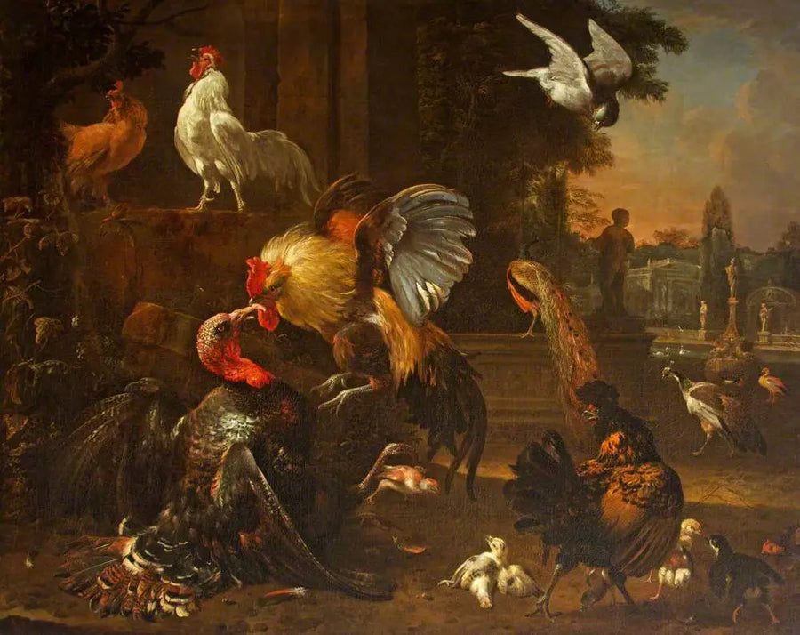 Un coq e una tacchina si combattono, in un parco, con altri polli - Melchior de Hondecoeter
